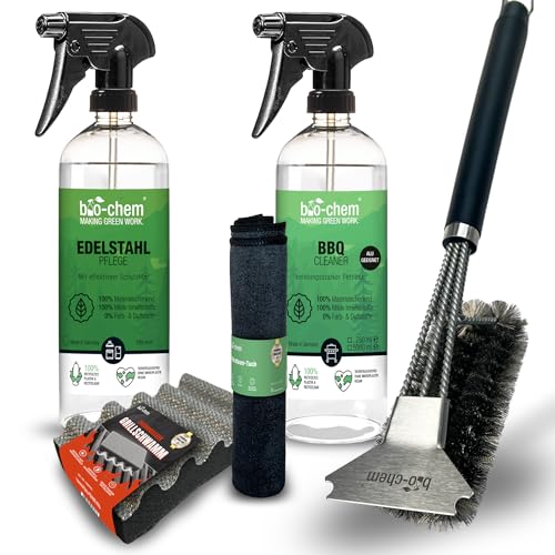 bio-chem BBQ Cleaner Set 4-teilig: BBQ-Cleaner 750 ml + Edelstahlpflege 750 ml + Grillbürste + Mikrofasertuch I Schonende Reiniger für Edelstahl und Aluminium an Grill oder Küche von bio-chem