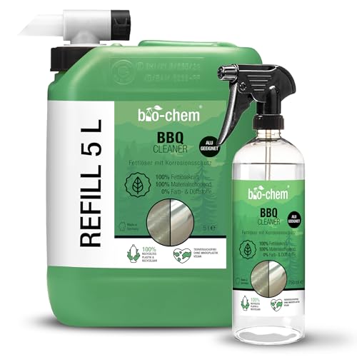 bio-chem BBQ-Cleaner Grillreiniger 5.75 L Sparpack: 5 L Kanister + 750 ml Sprühflasche + Ablasshahn - Effektive Reinigung in Profi-Qualität - Materialschonend für Jede Oberfläche, besonders Aluminium von bio-chem