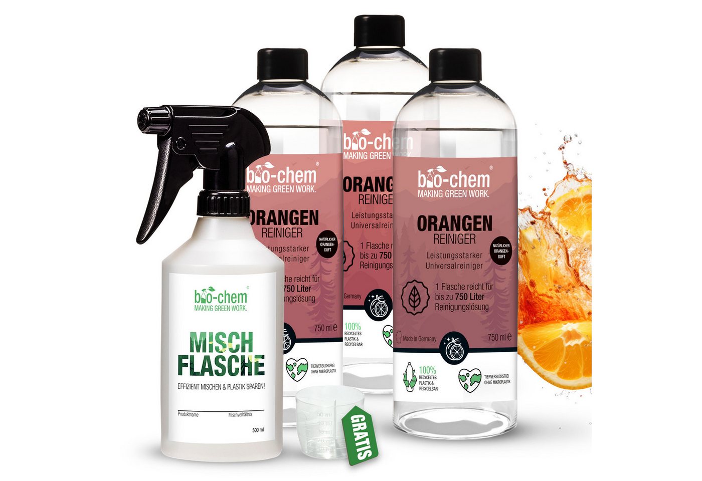 bio-chem Orangenreiniger 3x 0.75 l + 0.5 l Handspray-Mischflasche Allzweckreiniger von bio-chem