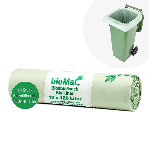 bioMat Kompostierbare 120l Biomüllbeutel, 10 Müllsäcke für Biotonne, Restmülltonne, Made in Germany, Premium-Qualität, Klimaneutral von bioMat