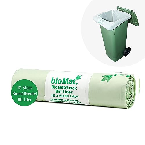 bioMat Kompostierbare 80l Müllsäcke, 10 Biomüllbeutel für Biotonne, Restmülltonne, Premium-Qualität, Klimaneutral, Made in Germany von bioMat