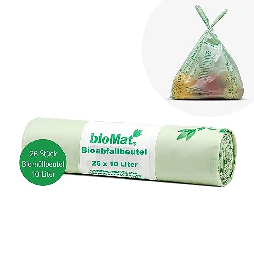 bioMat Kompostierbare 10l Biomüllbeutel mit Tragegriff, 26 Tüten, Premium-Qualität, DIN+ Zertifiziert, Klimaneutral, Made in Germany von bioMat