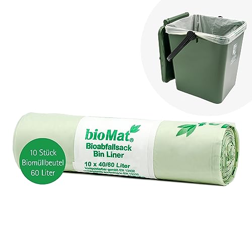 bioMat Kompostierbare 60l Müllsäcke, 10 Biomüllbeutel für Biotonne, Restmülltonne, Premium-Qualität, Klimaneutral, Made in Germany von bioMat