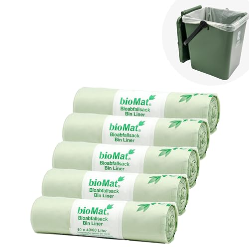 bioMat Kompostierbare 60l Müllsäcke, 50 Biomüllbeutel für Biotonne, Restmülltonne, Premium-Qualität, Klimaneutral, Made in Germany von bioMat