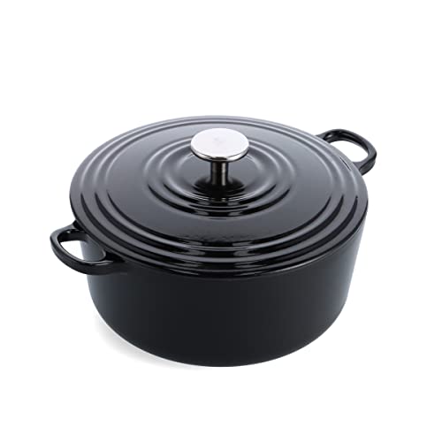 BK Cookware Bourgogne emailliertes Gusseisen 26cm/5.3L Dutch Oven Topf mit Deckel, induktionsgeeignet, runde Kasserolle zum Backen, Schmoren, Eintöpfe, Jet Black von BK