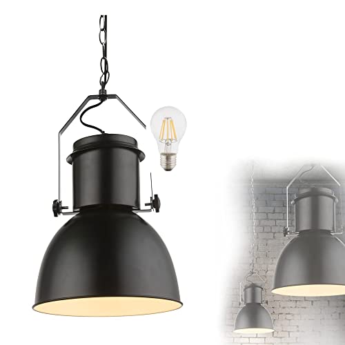 bmf-versand Hängelampe Schwarz Metall Industrial LED - Pendelleuchte Esstisch Vintage - Hängeleuchte Industrie Esszimmer Küche - Pendellampe mit Leuchtmittel 23 cm - Textilkabel Kürzbar von bmf-versand