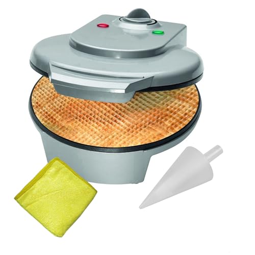 bmf-versand® Waffeleisen für Eiswaffeln - Eiswaffeleisen Hörnchen - Hörncheneisen für Hauchdünne Waffeln - Hörnchenautomat mit Kegel und Pflegetuch 3 in 1 - Backfläche 18 cm von bmf-versand