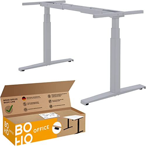 boho office® Höhenverstellbarer Schreibtisch Gestell - Elektrisch stufenlos, 2 Motoren ultraschnelle 80 mm/Sek, 3-Fach Teleskop, stabil, Memoryfunktion, Kollisionsschutz - Basic Line Silber von boho office