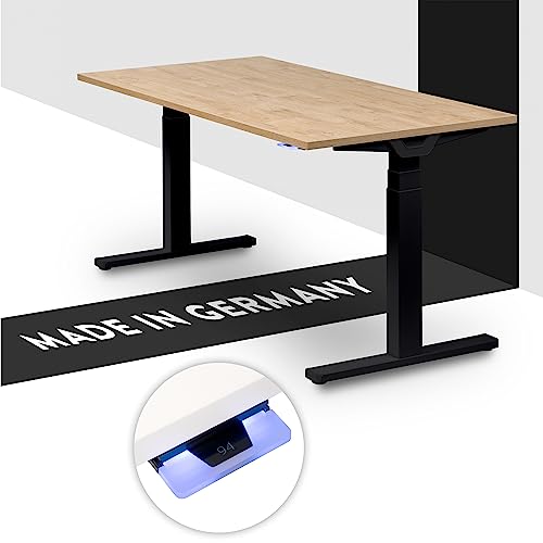 boho office® Höhenverstellbarer Schreibtisch 160 x 80 cm - Made in Germany, Elektrisch stufenlos, 2 Motoren, 3-Fach Teleskop, Kollisionsschutz - Premium Line Schwarz inkl. Tischplatte in Wildeiche von boho office