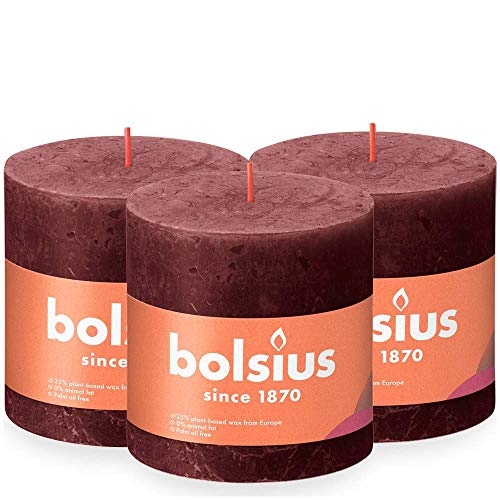 Bolsius Rustik Stumpenkerze XXL - Bordeauxrot - 3 Stück - 10 x 10 cm - Dekorative Haushaltkerzen - Länge Brenndauer 62 Stunden - Unparfümierte - Enthält Natürliches Pflanzenwachs - Ohne Palmöl von bolsius