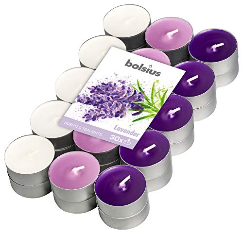 BOLSIUS Stimmungen und echte Duft-Teelichter – Lavendelduft – Mehrfarbig – 4 Stunden – 30 Stück, Wachs Baumwolldocht, Lavendel, Pack von bolsius