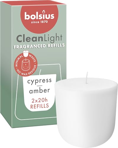 Bolsius - CleanLight Refill - Nachfüllbare Duftkerze - Zypresse & Amber - Nachfüllung - 2 Stücke - Länge Brenndauer 20 Stunden - Enthält Natürliches Pflanzenwachs - Ohne Palmöl - Nachhaltiges Konzept von bolsius