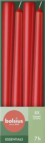 Bolsius Glatte Spitzkerzen - Rot - 8 Stück im Karton - Dekorative Haushaltkerzen - Brenndauer 7 Stunden - Unparfümierte - Enthält Natürliches Pflanzenwachts - Ohne Palmöl - 24,5 cm von bolsius