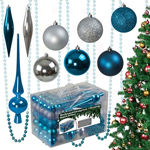 130-teiliges Weihnachtskugeln Set aus Kunststoff - Christbaumschmuck Baumschmuck in Glänzend Glitzernd Matt, Aqua/Silber von bonsport