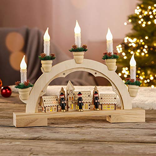 bonsport Schwibbogen aus Holz - Lichterbogen für Weihnachten mit 5 warm-weißen LED Kerzen und 3 LED-Lichtern in den Häusern, batteriebetrieben von bonsport