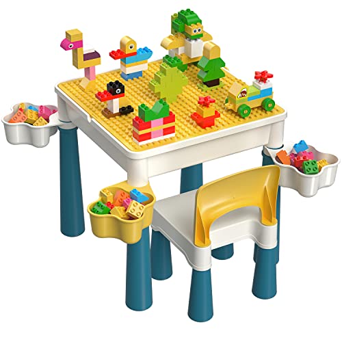 burgkidz Kindertisch mit Stühle, Kinder Spieltisch mit 1 Stuhl und 130 Stück Großen Bausteinen, Kreativen Konstruktionsspielzeug für Jungen und Mädchen ab 2 Jahren, Macaron von burgkidz