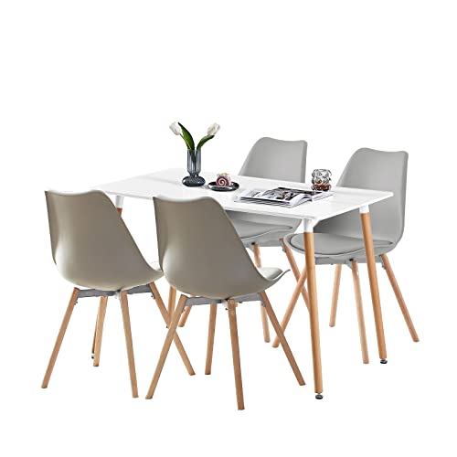 buybyroom Esszimmer-Set mit 1 weißem Tisch und 4 grauen Stühlen für Küche, Esszimmer, Wohnzimmer, Büro und Speisekammer von buybyroom