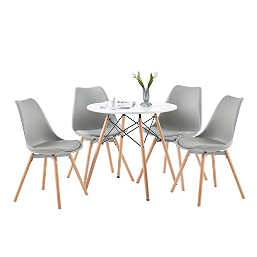buybyroom Runder Essgruppe Esszimmertisch Esstisch Set bestehend aus einem weißen Tisch und 4 passenden grauen Stühlen für Esszimmer, Küche, Café und Büro von buybyroom