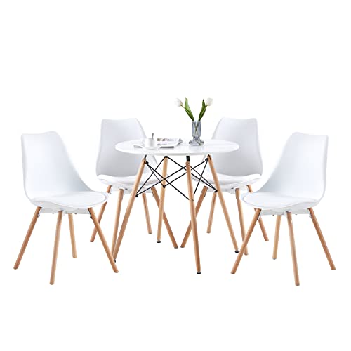 buybyroom Runder Essgruppe Esszimmertisch Esstisch Set bestehend aus einem weißen Tisch und 4 passenden weißen Stühlen für Esszimmer, Küche, Café und Büro von buybyroom