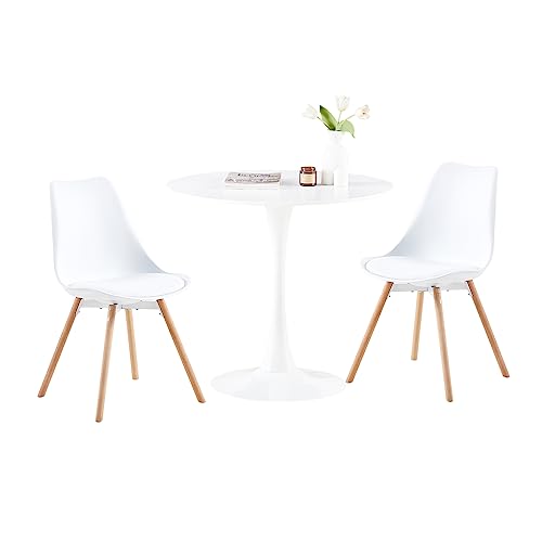 buybyroom Skandinavischer runder Esstisch und Stuhlset mit 2 Weißen Stühlen, geeignet für Küche, Esszimmer, Wohnzimmer, Balkon, Garten, Bistro, MDF, Weiß, 80 * 80 * 73CM von buybyroom