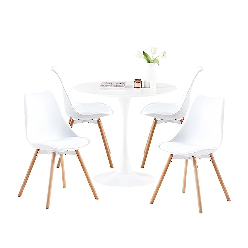 buybyroom Skandinavischer runder Esstisch und Stuhlset mit 4 Weißen Stühlen, geeignet für Küche, Esszimmer, Wohnzimmer, Balkon, Garten, Bistro, MDF, Weiß, 80 * 80 * 73CM von buybyroom