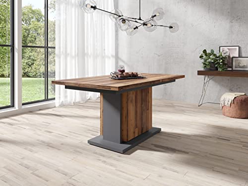 byLIVING Britta Säulentisch mit Auszug/Melamin Old Wood, anthrazit/Auszugstisch/Esszimmer-Tisch auf 190 cm ausziehbar, Holzwerkstoff, Braun, 140-190 x 75 x 80 cm von byLIVING