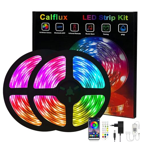 calflux LED Strip 10m, 300LEDs 5050 RGB LED Strip Waterproof IP65, Colour Changing LED Strip with App Bluetooth Controller, Sync to Music, Application for Lighting Home, Bedroom and Party von calflux