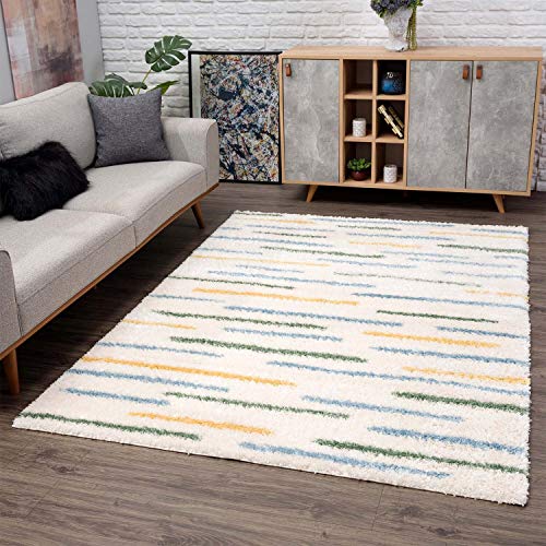 Teppich Shaggy Hochflor - Streifen-Muster 120x160 cm Creme Multi - Moderne Wohnzimmer-Teppiche von carpet city