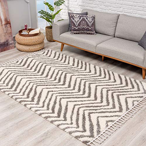 Teppich Hochflor Wohnzimmer - Ethno Chevron Design 80x200 cm Creme - Teppich-Läufer mit Fransen von carpet city