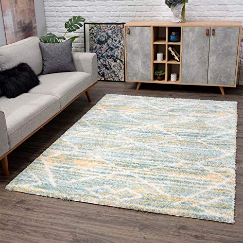 carpet city Teppich-Läufer Shaggy Hochflor - Ethno-Stil 80x300 cm Blau Gelb Creme - Moderne Teppiche Wohnzimmer von carpet city