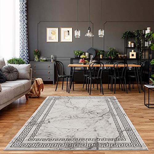 carpet city Teppich Läufer Wohnzimmer - Bordüre, Stein-Optik 80x300 cm Grau - Moderne Teppiche Kurzflor von carpet city