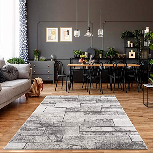 carpet city Teppich Läufer Wohnzimmer - Stein-Optik 80x300 cm Grau Meliert - Moderne Teppiche Kurzflor von carpet city
