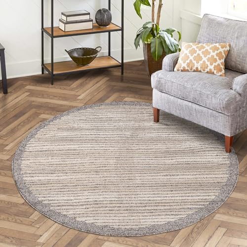 carpet city Teppich Wohnzimmer Mocca - 200x200 cm Rund - Scandi-Stil Gestreift Meliert - Kurzflor Teppiche Modern - Tricolor Soft&Weich - Flachflor Schlafzimmer von carpet city