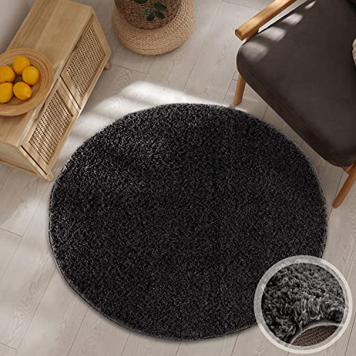 carpet city Hochflor Teppich Wohnzimmer - Einfarbig Schwarz - 120x120 cm Rund - Shaggyteppich Langflor Uni - Schlafzimmerteppich Flauschig Weich - Moderne Wohnzimmerteppiche von carpet city