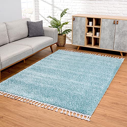carpet city Teppich Wohnzimmer - Shaggy Hochflor Blau - 120x160 cm Einfarbig - Moderne Teppiche mit Fransen von carpet city