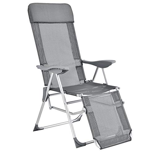 casa.pro Liegestuhl mit Armlehnen Kopfkissen und Fußstütze Relaxstuhl Campingliege bis 130 kg Gartenliege Sonnenliege Stuhl Grau von casa.pro