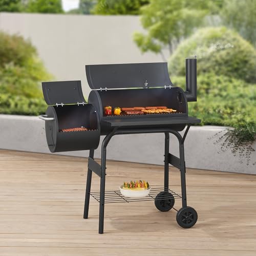 casa.pro Smoker Grillwagen Arielli Holzkohlegrill mit Deckel BBQ Kohlegrill mit Feuerbox 2 Räder Deckelthermometer Schornstein 115x110x64cm Schwarz von casa.pro