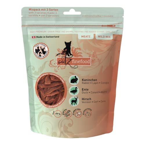 catz finefood Meatz Katzen Leckerlies Wild Mix - knusprige Streifen aus besonderen Fleischsorten - Katzensnack für Allergiker ohne Zucker, getreidefrei (1 x 45 g) von catz finefood