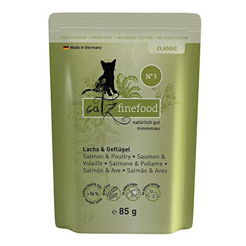 catz finefood Classic N° 5 Lachs & Geflügel Katzenfutter nass - Gourmet Nassfutter für Ihre Katze ohne Zucker & Getreide, glutenfrei - mit hohem Fleischanteil, Made in Germany (16 x 85g Beutel) von catz finefood