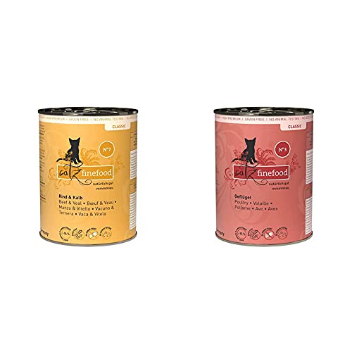 catz finefood N° 7 Rind & Kalb Feinkost Katzenfutter nass, verfeinert mit Aprikose & Ananas, 6 x 400g Dosen & N° 3 Geflügel Feinkost Katzenfutter nass, 6 x 400g Dosen von catz finefood