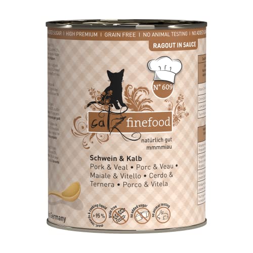 catz finefood Ragout N° 609 Schwein & Kalb Katzenfutter nass - Feinkost Nassfutter für Katzen in Sauce ohne Getreide und Zucker mit hohem Fleischanteil, 6 x 380 g Dose von catz finefood