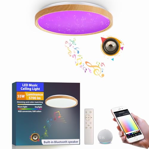 chysongoods 50CM MW LED-Musikdeckenleuchte, Lampenschirm in Holzmaserungsoptik, kompatibel mit Alexa, integrierter Bluetooth-Lautsprecher, RGB-Lichteffekt, dimmbar, mit Fernbedienung von chysongoods