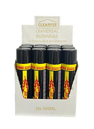 Clearfee 12 Stück Universal Butan Gas Feuerzeuggas zum nachfüllen für Feuerzeugen, Flambierbrenner, 100% Reinheit, Nachfüllgas, Lighter Gas inkl. Aufsätze von CLEARFEE