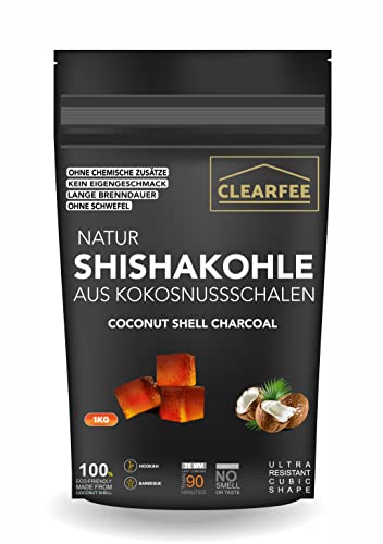Clearfee Natur Shishakohle 1KG Zip Beutel | 100% Natur Kokoskohle | Organic Grillkohle Kokoskohle | ohne chemische Zusätze | Shisha Kohle BBQ-Kohle | 26mm Cube von CLEARFEE