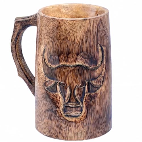 collectiblesBuy Handgefertigter Bierkrug mit Stiergesicht-Design aus Holz Krug Holzkrug Bierkrug Handgefertigter Bierbecher Vintage Klassischer Stil Naturholz Tasse Bier Tee Kaffee Milch Wasser Tasse von collectiblesBuy