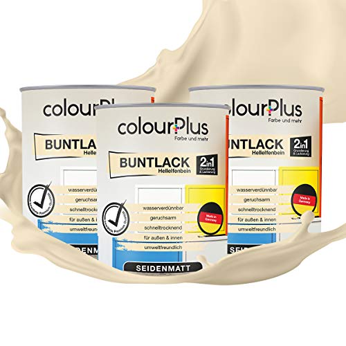 colourPlus 2in1 Buntlack Seidenmatt (2,25L Hellelfenbein/Beige RAL 1015) – Wetterfeste Holzfarbe Holzlack Küchenmöbellack. Getrocknet auch für Kinderspielzeug. Schnelltrocknend, Innen Außen von colourPlus Farbe und mehr