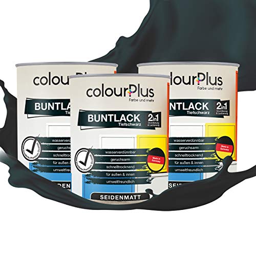 colourPlus 2in1 Buntlack Seidenmatt (2,25L Tiefschwarz/Schwarz RAL 9005) – Wetterfeste Holzfarbe Holzlack Küchenmöbellack. Getrocknet auch für Kinderspielzeug. Schnelltrocknend, Innen Außen von colourPlus Farbe und mehr
