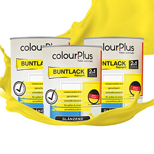 colourPlus 2in1 Buntlack Glänzend (2,5L Rapsgelb/Gelb RAL 1021) – Wetterfeste Holzfarbe Holzlack & Küchenmöbellack. Getrocknet auch für Kinderspielzeug. Für Innen & Außen von colourPlus Farbe und mehr