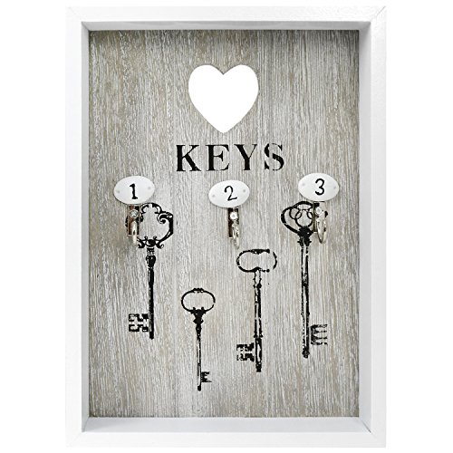 com-four® Schlüsselkasten aus Holz mit 3 Schlüsselhaken, 25 x 18 x 3,8 cm (weiß - 3 Haken) von com-four