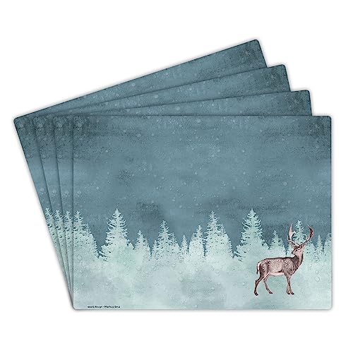 Tischsets (4er Set) REH, Hirsch, Winter, Schnee, 40 x 30 cm Platzset aus hochwertigem Vinyl, Tischset abwaschbar, pflegeleicht + rutschfest, Made in Germany, BPA-frei | Design: “Reactive Deer“ von contento